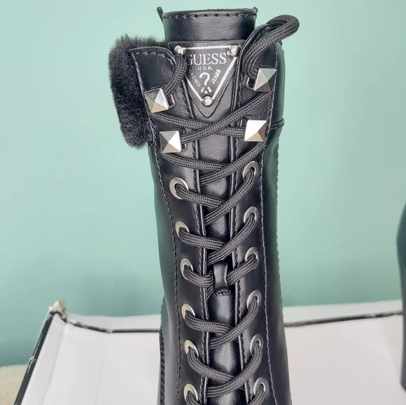 Guess Tetian Black Leather Faux-Fur Lace-Up Stiletto Heeled Boots Women's 9 NWT - Picture 7 of 16